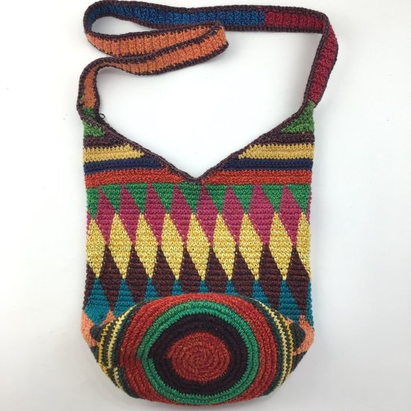 Crossbody woven harlequin Purse hand bag large multicolored zippered top bucket - Picture 6 of 9